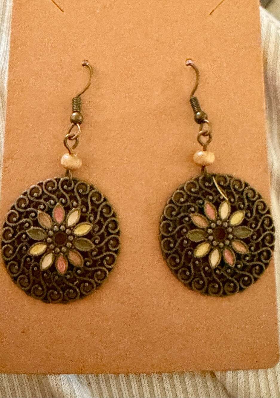 Antique Bronze Filigree Flower Dangle Earrings with Wood Bead Accent